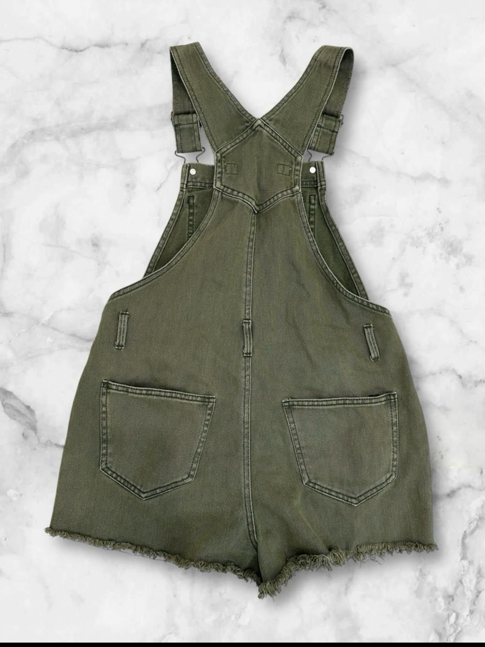 Melville 100% cotton green denim short overalls w/ a distressed, frayed hem. - Picture 3 of 14